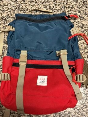 Topo Designs Navy & Red Trail Backpack with Tan Straps